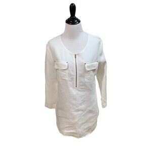 Company by Ellen Tracy Women's Linen Tunic Top S Small 3/4 Sleeves Pleated White